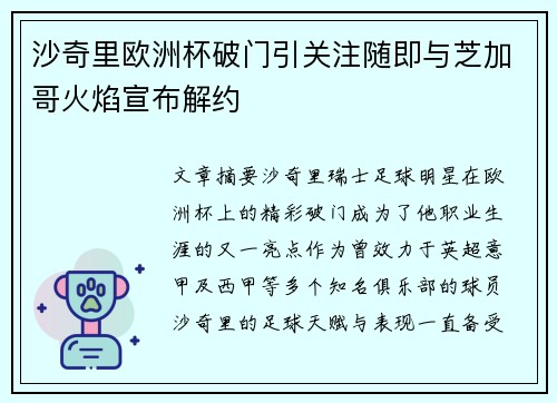 沙奇里欧洲杯破门引关注随即与芝加哥火焰宣布解约
