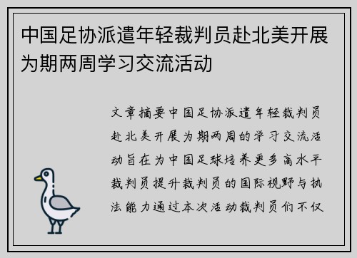 中国足协派遣年轻裁判员赴北美开展为期两周学习交流活动